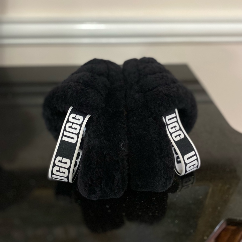 UGG Black Fuzzy Slippers with Branded Elastic